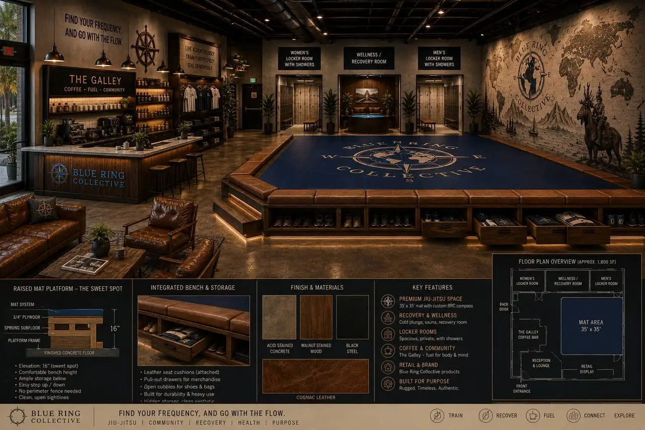 Concept study depicting a Blue Ring jiu-jitsu and community space in navy, walnut, and sea-glass tones